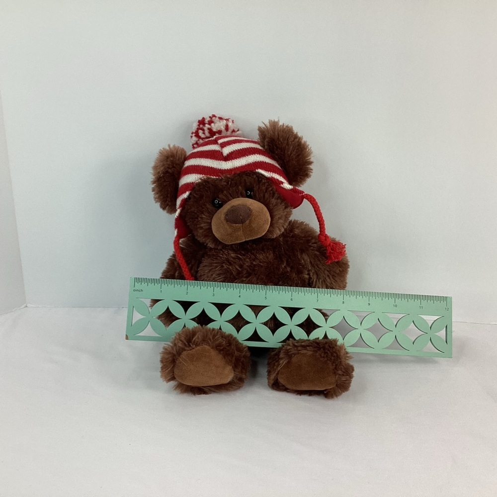 Gund Plush Brown Bear Stuffed Animal Red White Stripe Hat Winter Christmas 2014 - Picture 9 of 9